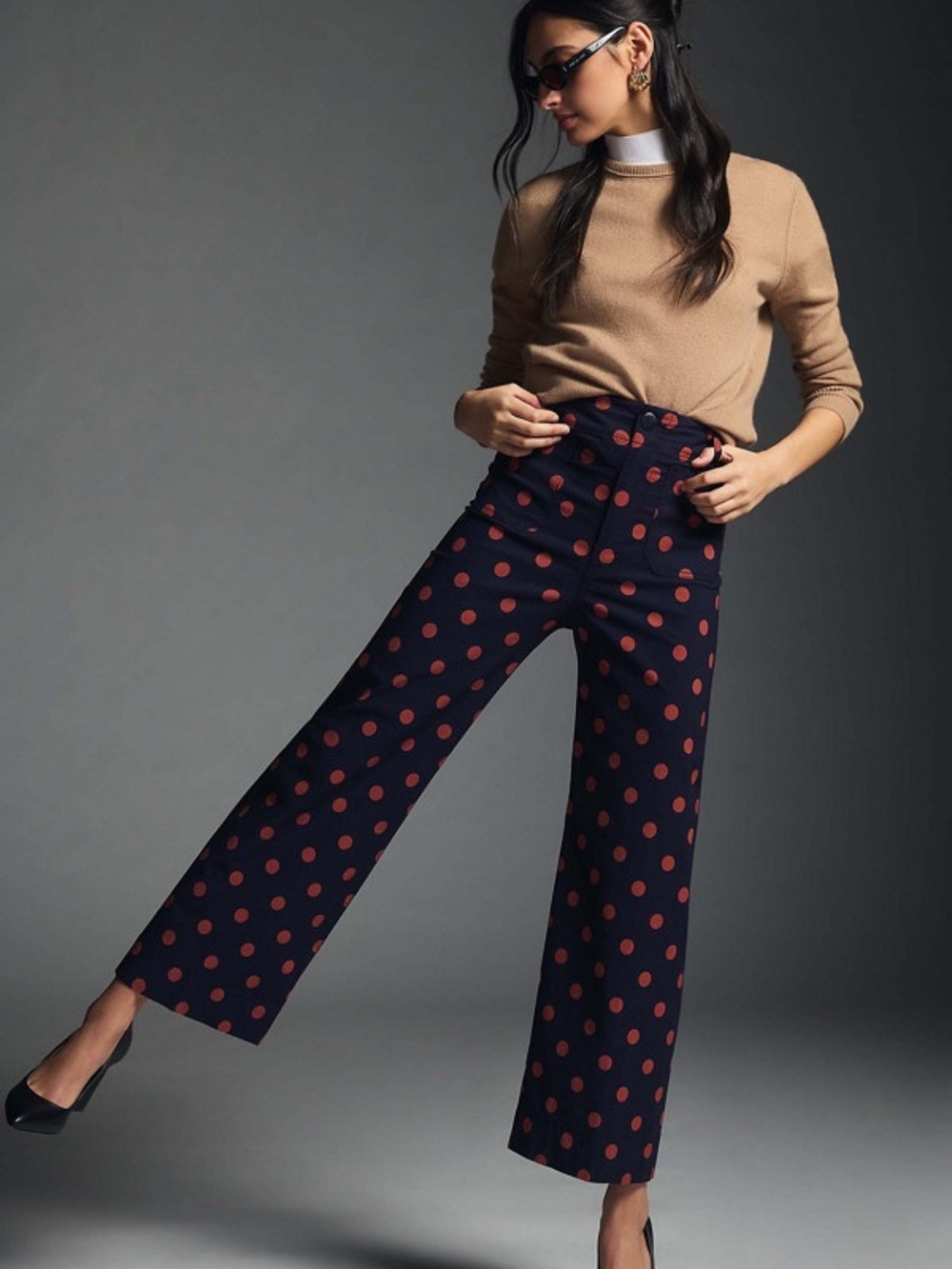Maeve Colette Cropped Wide Leg Pants High Waist Polka Dot Navy Red Size 26 - Picture 8 of 8